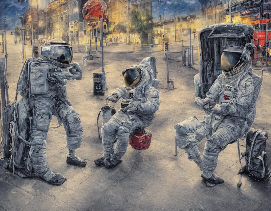 Image similar to hyper realistic oil painting of sitting astronaut waiting for the bus at the bus stop, hd, hdr, by stanisław wyspianski, ultra detailed, high resolution