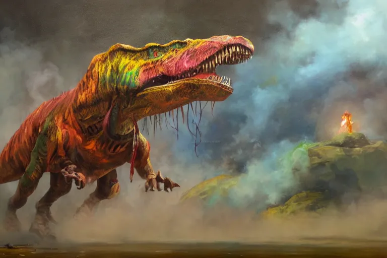 Image similar to highly detailed oil painting of a tyrannosaurus rex in a steaming colorful hotspring, featured on artstation