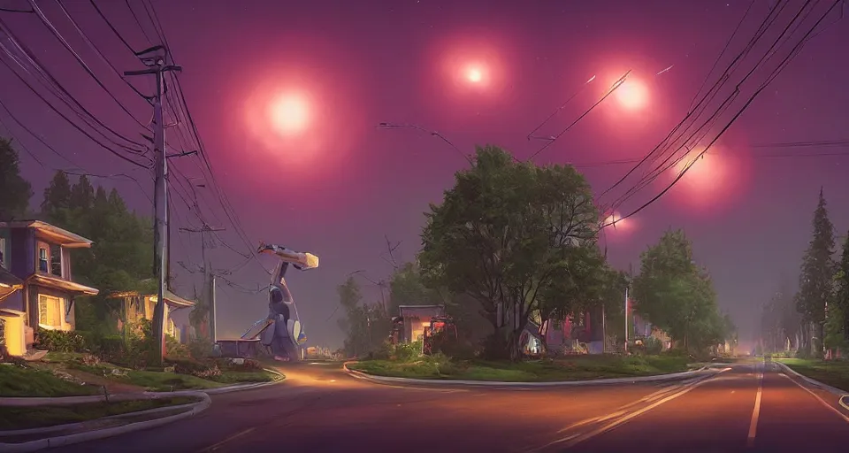 Image similar to a quaint suburban street at night colossal mech looms in the distance, realistic rendering, unreal engine, 4k, hdr, high dynamic range, f12, by simon stalenhag