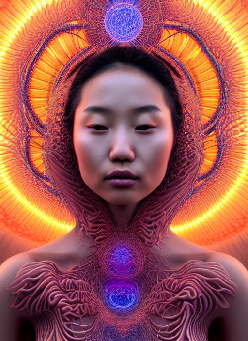 Prompt: ecstatic beautiful young asian woman by irakli nadar, several layers of 3 d coral and light fractals radiating behind with sacred geometry, cosmic, natural, awakening, symmetrical, in the style of ernst haeckel and alex grey, effervescent, warm, photo realistic, epic and cinematic
