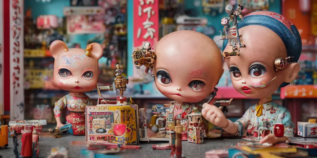 Image similar to closeup portrait of tin toy retro tokyo corner store diorama, depth of field, f 3 2, zeiss lens, detailed, centered, fashion photoshoot, by nicoletta ceccoli, mark ryden, lostfish, breathtaking, 8 k resolution, extremely detailed, beautiful, establishing shot, artistic, hyperrealistic, octane render, - h 8 0 4