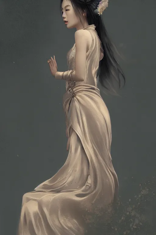 Image similar to chinese princess in a long silk dress, from backside, up shot, highly detailed art, cinematic atmosphere, volumetric lighting, glow, trending on artstation, by wlop, by le vuong, by tom bagshaw