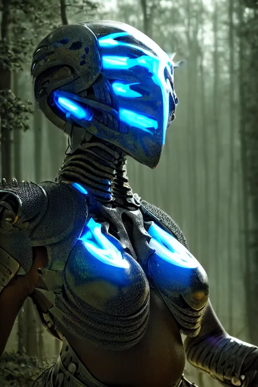 Image similar to hyperrealistic mithra goregous black woman exoskeleton bone armor in a forest sun behind her concept art eric zener elson peter cinematic blue light low angle hd 8k sharp shallow depth of field