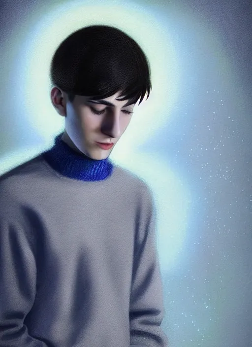 Image similar to portrait of teenage jughead jones wearing a light grey crown, crown, blue turtleneck, 1 9 5 0 s, closed eyes, photorealistic, black hair, glowing lighting, intricate, elegant, glowing lights, highly detailed, digital painting, artstation, concept art, smooth, sharp focus, illustration, art by wlop, mars ravelo and greg rutkowski