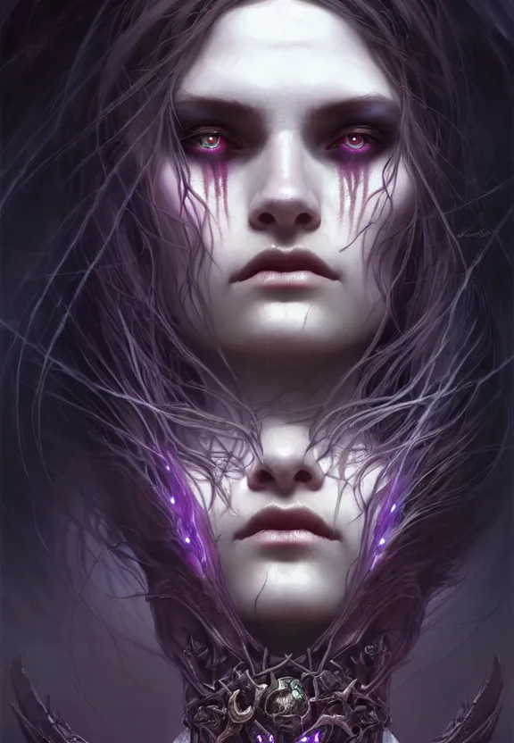 Image similar to Necromancer Sorceress face close-up macro in center, fantasy magic, undercut hairstyle, dark light night, intricate, elegant, sharp focus, illustration, highly detailed, digital painting, concept art, matte, art by WLOP and Artgerm and Greg Rutkowski and Alphonse Mucha, masterpiece