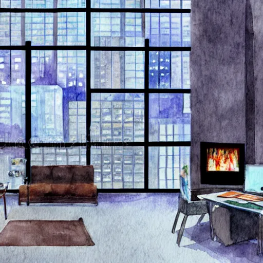 Prompt: architect working in a modern office interior at night overlooking central park in a blizzard, ultra detailed, sketch over watercolor, digital illustration, vibrantly colored, warm interior, fireplace, epic composition, advertising photography