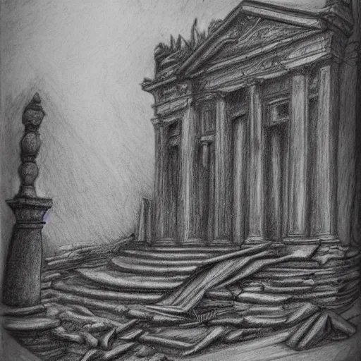 Image similar to The street is in ruins. A ruined statue. Fantasy. Pencil drawing