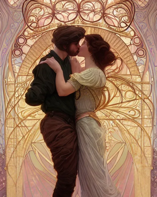 Image similar to the kiss | highly detailed | very intricate | art nouveau | gold filigree | romantic storybook fantasy | soft cinematic lighting | award - winning | painted by mandy jurgens and alphonse mucha and alena aenami | pastel color palette | featured on artstation