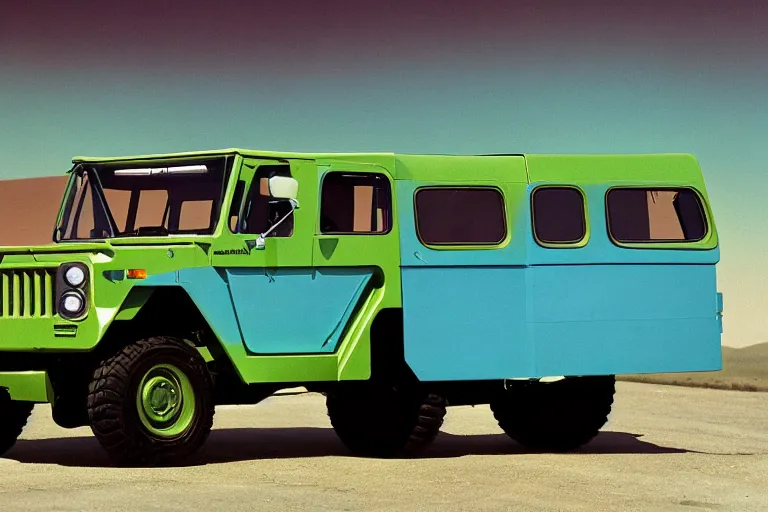 Image similar to designed by Giorgetto Giugiaro stylized poser of a single, 1973 HUMVEE, thick neon lights, ektachrome photograph, volumetric lighting, f8 aperture, cinematic Eastman 5384 film