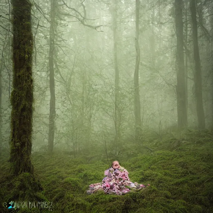 Image similar to an alien wrapped in flowers, in a foggy mossy forest, by Omar Z. Robles, CANON Eos C300, ƒ1.8, 35mm, 8K, medium-format print