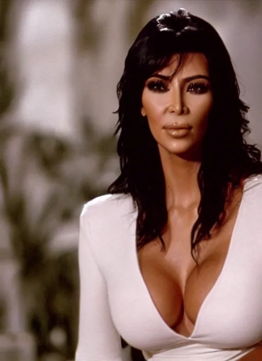 Prompt: film still of kim kardashian as elvira hancock in Scarface