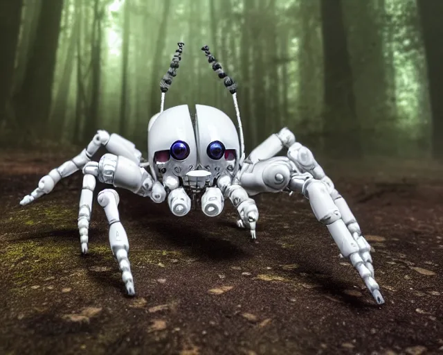 Image similar to photo of a white terminator spider with biomechanical cybernetic body with antennas and visor cogs and gears and components in the forest. cyberpunk horror style. highly detailed 8 k. intricate. nikon d 8 5 0 5 5 mm. award winning photography.