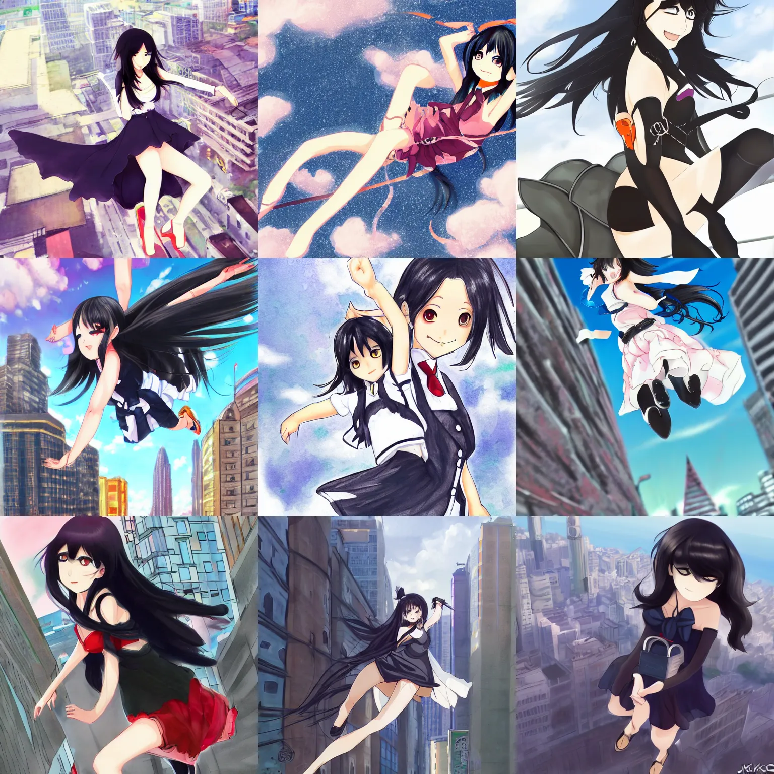Prompt: black haired cute girl flying in city drawn by mika pikazo trending on pixiv
