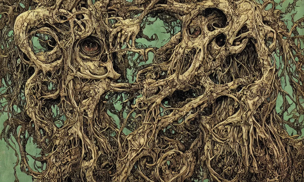 Image similar to hyperdetailed art nouveau portrait of treebeard as a cthulhu eyeball skull wendigo cryptid, by geof darrow, simon bisley and bill sienkiewicz, grim yet sparkling atmosphere, photorealism, claws, skeleton, antlers, fangs, forest, wild, crazy, horror, lynn varley, lovern kindzierski, steve oliff