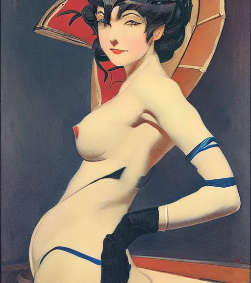 Image similar to j. c. leyendecker painting of an anime woman, direct flash photography at night, film grain
