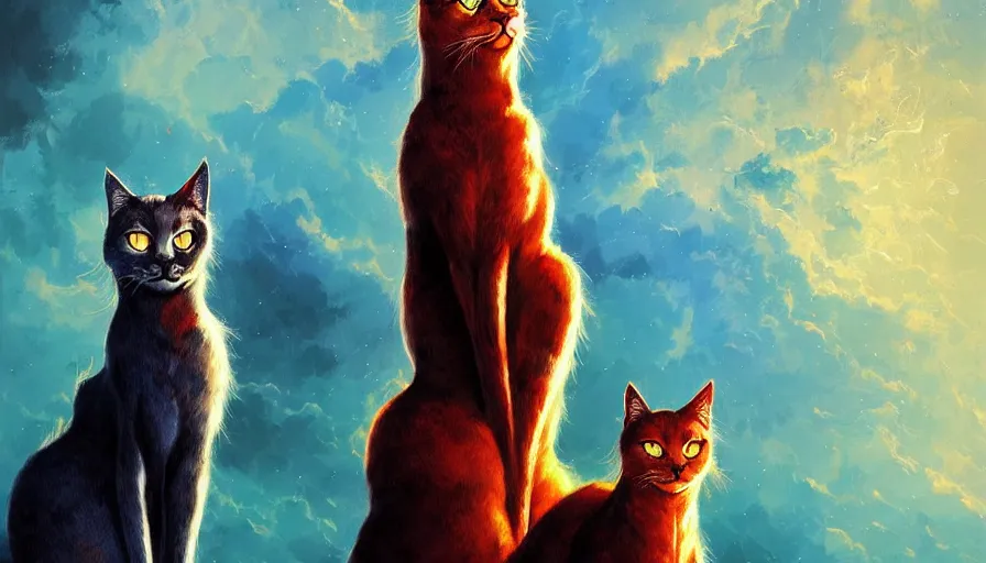 Image similar to artwork of really tall sitting cats by anato finnstark, by karol bak, by koda kazuma, brush strokes, 4 k resolution