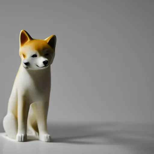 Prompt: studio photo of a marble sculpture, in the shape of a shiba inu. photorealistic, minimalist, ultra detailed.