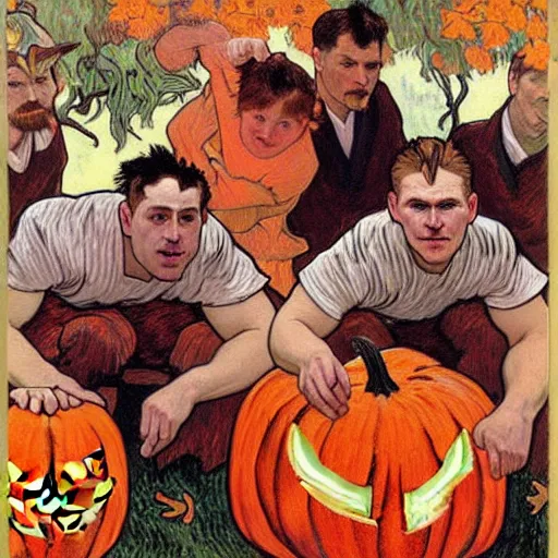 Image similar to painting of arkansas razorbacks players at the halloween jack o'lantern party, elegant, clear, painting, stylized, delicate, soft facial features, art, art by alphonse mucha, vincent van gogh, egon schiele