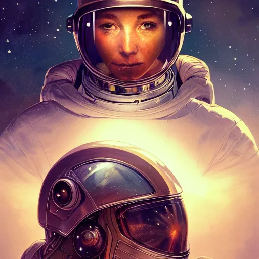 Image similar to portrait of an astronaut with a broken helmet, intricate, headshot, highly detailed, digital painting, artstation, concept art, sharp focus, cinematic lighting, illustration, art by artgerm and greg rutkowski, alphonse mucha, cgsociety