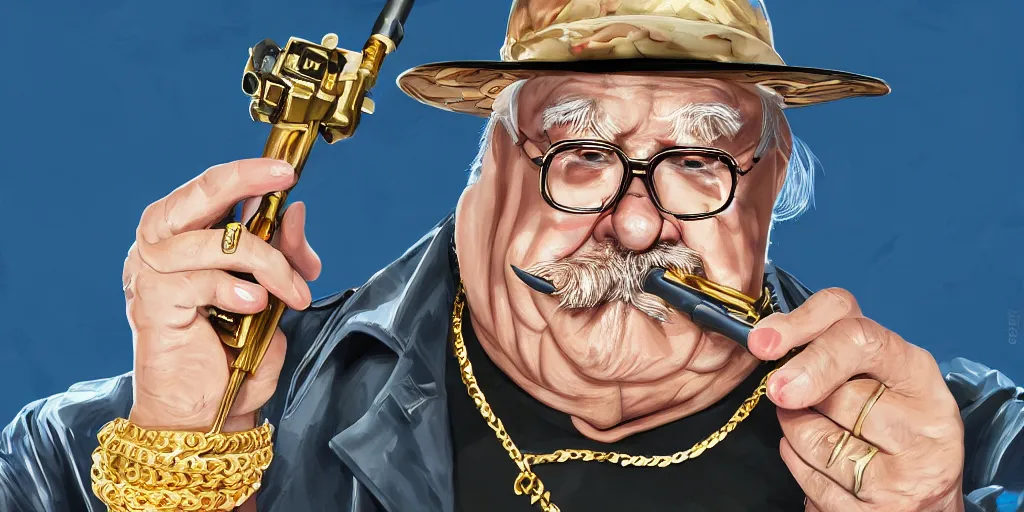 Prompt: wilford brimley rapper wearing gold chains with gold rings on his fingers carrying rpg - 7 diabeetus high fidelity painting high resolution trending on artstation