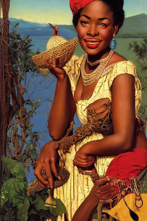 Image similar to an african queen by gil elvgren and norman rockwell and rob gonsalves, hyperrealistic, high detail