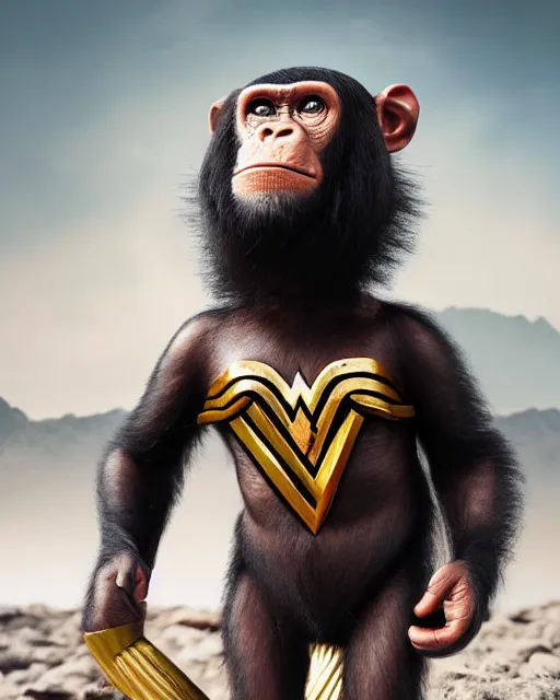 Prompt: A chimpanzee wearing a Wonder Woman outfit, photographed in the style of National Geographic, hyperreal