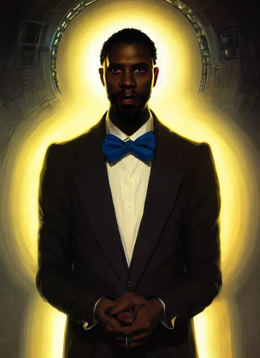 Prompt: portrait of handsome black genius in tailored suit, cmyk brainstorm, afro - futurist style, intricate baroque halo, elegant, glowing lights, highly detailed, digital painting, artstation, concept art, smooth, sharp focus, illustration, art by wlop, mars ravelo and greg rutkowski