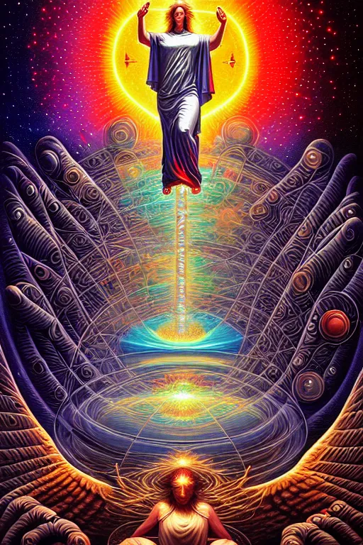 Prompt: a photorealistic detailed image of spiritual evolution, science, divinity, utopian, triumphant, cinematic, epic, grandiose, moody, mathematics, futuristic, by jason felix, dan mumford, kinkade, lisa frank, wpa, public works mural, socialist