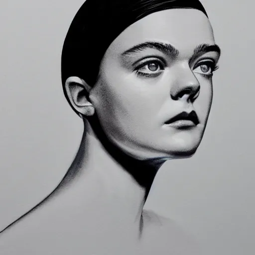 Prompt: professional painting of Elle Fanning in the style of Vanessa Beecroft, head and shoulders portrait, symmetrical facial features, smooth, sharp focus, illustration, intricate, stormy weather, extremely detailed masterpiece,