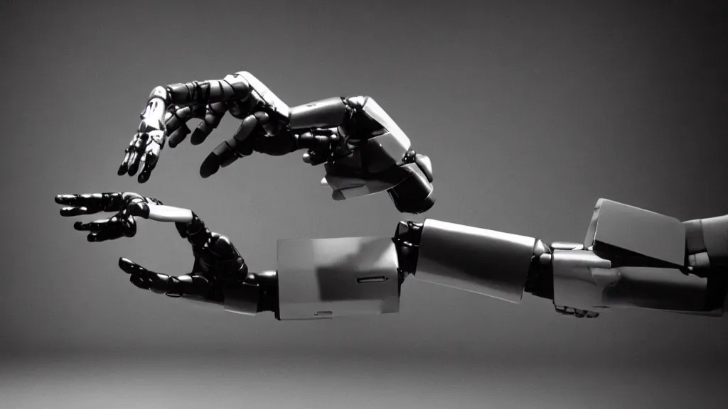 Prompt: movie scene of a robot extending hand, movie still, cinematic composition, cinematic light, by david lynch