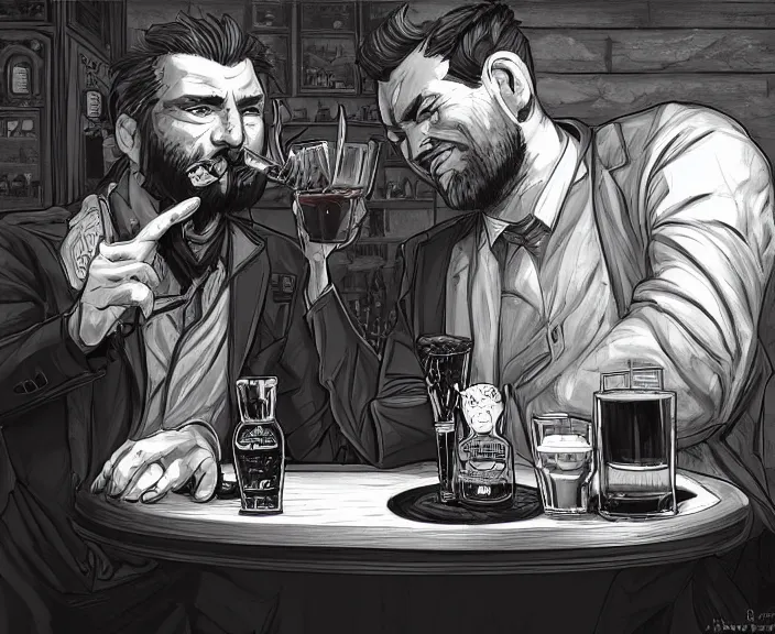 Prompt: a devil monster and a handsome gentleman toasting with whiskey in a pub, black and white and red colors, establishing shot, highly detailed, digital painting, artstation, concept art, smooth, sharp focus, illustration, Unreal Engine 5, 8K, art by artgerm, realistic painting