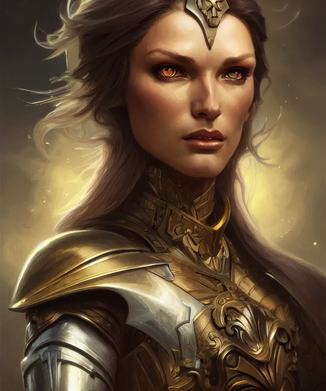 Image similar to Muscular and powerful medieval knight woman portrait, sci-fi, amber eyes, face, long hair, fantasy, intricate, elegant, highly detailed, digital painting, artstation, concept art, smooth, sharp focus, illustration, art by artgerm and greg rutkowski and alphonse mucha