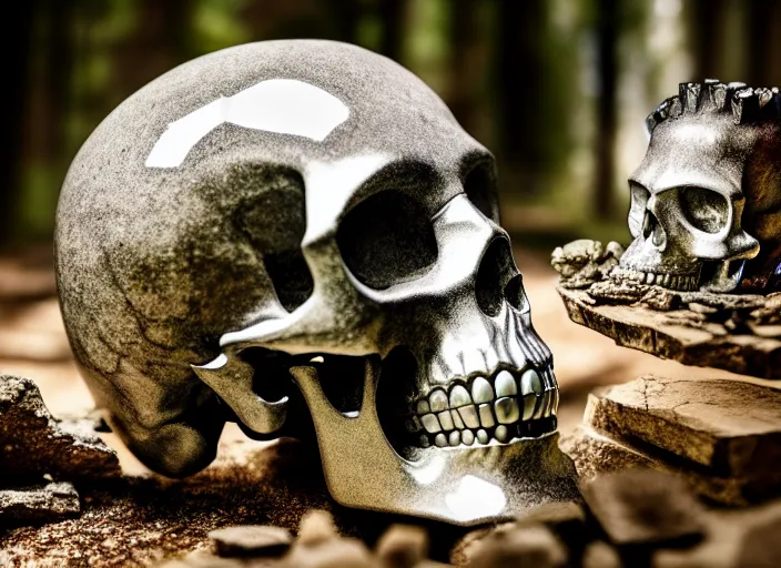 Image similar to crystal skull encased in a crystal box On a pedestal in ancient ruins in the forest. Fantasy horror style. Highly detailed 8k. Intricate. Nikon d850 55mm. Award winning photography.