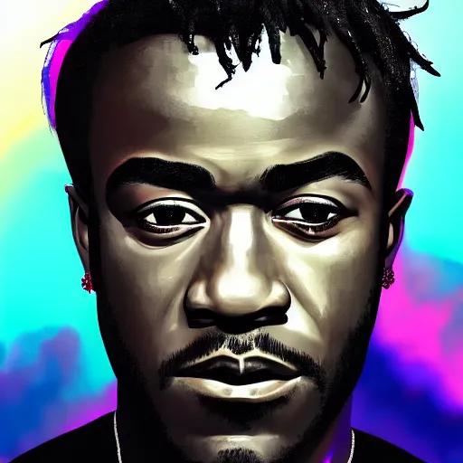 Image similar to synthwave lil uzi vert detailed face portrait, realistic, 8 k, ultra details, highly detailed face, sharp focus