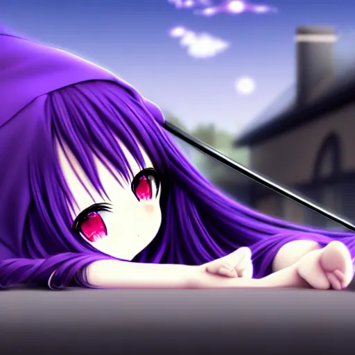 Image similar to A render of a cute young 3D anime girl with long violet hair, she is laying on her back, top down camera angle pointing at her face, she is wearing a long flowing black reaper hood with black pants, a bloody scythe is laying next to her foot, in a busy street, laying on her back, full body, dark and moody lighting, night time