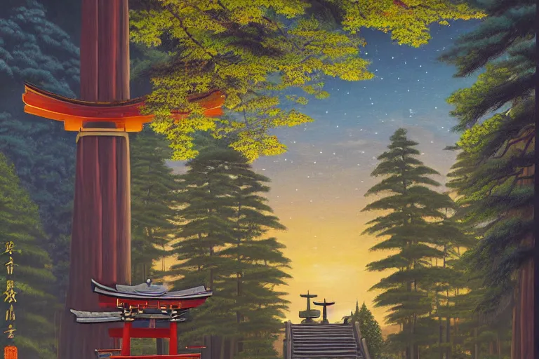 Prompt: a painting in the style of rob gonsalves of a beautiful large shinto shrine with a torii in a natural setting, soft lighting, seasonal weather, in star wars universe