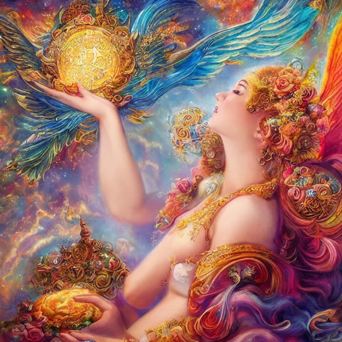 Prompt: a celestial goddess on her day off catching up on social media in bed, magic realism, art by josephine wall, art by huang guangjian, art by viktoria gavrilenko, art by amanda sage, trending on artstation