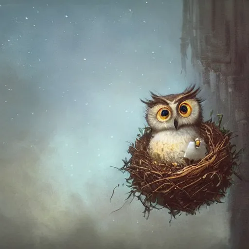 Image similar to long shot of a very cute owl chick nesting in a very romantique cup, by esao andrews, by james jean, marc simonetti, by victo ngai, humorous illustration, hyperrealistic, big depth of field, warm colors, night scenery, dim light, 3 d octane render conceptart, 4 k, hyperdetailed, trending on artstation