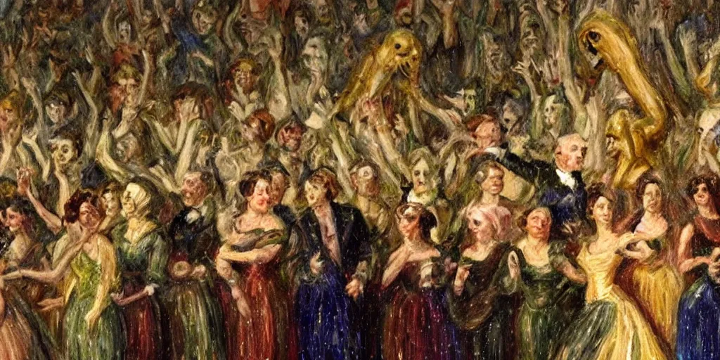 Prompt: an audience full of tall terrifying aliens at the ballet. In the victorian era. in the style of an impressionist painting.