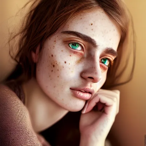 Image similar to intricate beautiful portrait of a cute thin young woman, light bronze brown hair, very detailed emerald green eyes, red blush, light freckles, soft smile, casual clothes, relaxing on the couch, home interior, golden hour, close up shot, 8 k, hyperreal art by irakli nadar, hyperrealism, hyperdetailed, ultra realistic