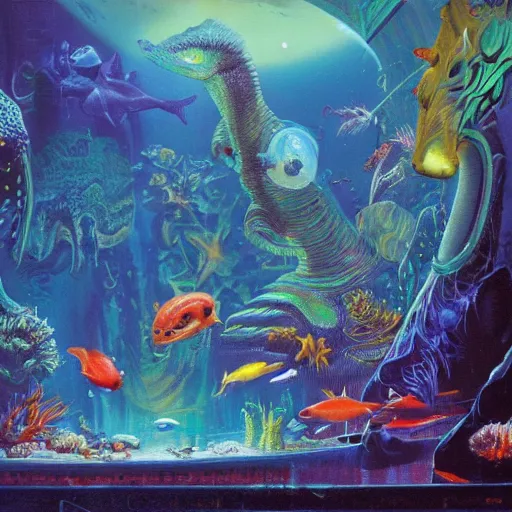 Prompt: sci fo aquarium full of different creatures by paul lehr, ron walotsky and bruce penningtonn