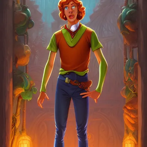 Image similar to fred from scooby - doo ( 1 9 6 9 ), d & d, fantasy, intricate, elegant, highly detailed, digital painting, artstation, concept art, matte, sharp focus, illustration, hearthstone, art by artgerm and greg rutkowski and alphonse mucha