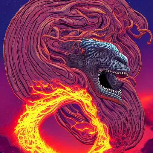 Image similar to the demiurge, a giant snake with the head of a lion, floating in space looking down on the earth beneath it, in flames. detailed digital art