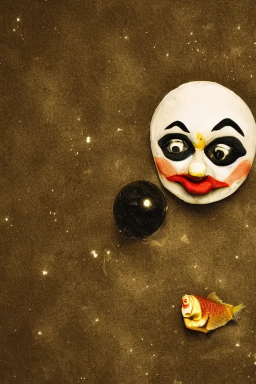 Image similar to clown, eating fish, moon, high res, sky diamonds, film grain