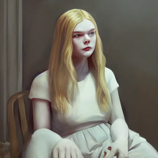 Prompt: Elle Fanning, head and shoulders masterpiece, apocalypse, golden hour, cosmic horror, artstation, in the style of Christina’s World and Edward Hopper and Bosch, extremely detailed