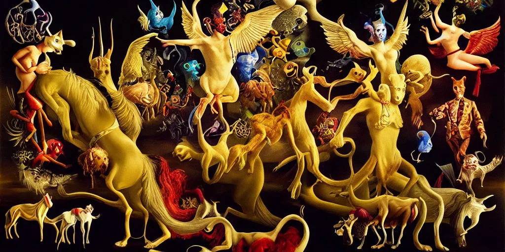 Image similar to the three imaginary fates pleasure dream adventure imaginary mythical animals love abstract oil painting by gottfried helnwein pablo amaringo raqib shaw zeiss lens sharp focus high contrast chiaroscuro gold complex intricate bejeweled