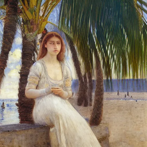 Image similar to a ultradetailed beautiful painting of a girl in the amazonas palace designed by jules bastien - lepage, hans belmer, frank weston and gustave baumann, beach, trending on artstation, mediterranean, palm trees, light sparkles, sharp focus, soft light, 8 k 4 k