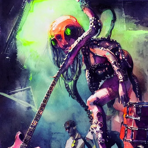 Image similar to Octopus girl playing R&R drum kit in the spotlight with rock band concert, cyberpunk, realistic, detailed, Industrial Scifi, paint, watercolor, in the style of Ashley Wood and Wadim Kashin