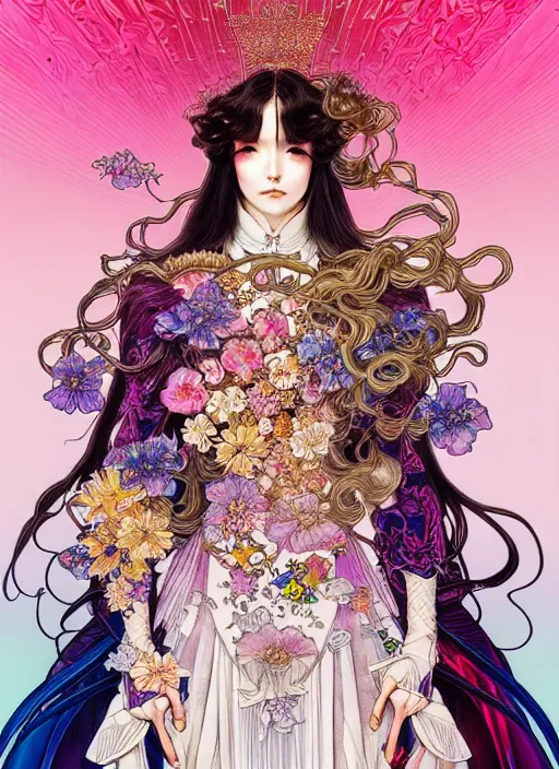 Prompt: highly detailed ayami kojima artgerm terada katsuya artstation manga poster of princess mechine, rainbow gradient reflection, long hair, armor, dress, laces, ruffles, 8 k, maximalist,, jump comics, tomer hanuka, alphonse mucha
