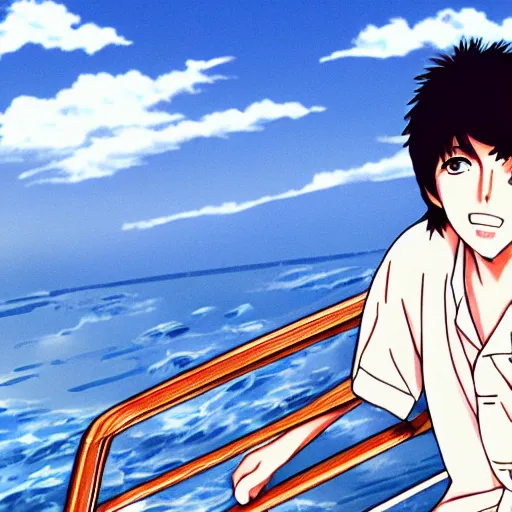 Image similar to anime illustration of young Paul McCartney from the Beatles, wearing a blue and white check shirt and watch, relaxing on a yacht at sea, ufotable